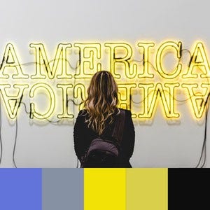A color palette created from an image of a person facing a yellow neon sign against a white wall that says "America"