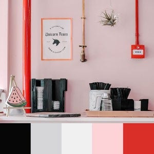 A color palette created from an image of coffee station with black and white utensils against a light pink and red background
