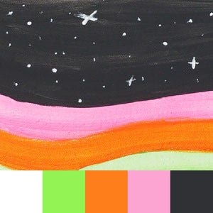 A color palette created from an drawing of pink, orange, and green hills with a black starry sky