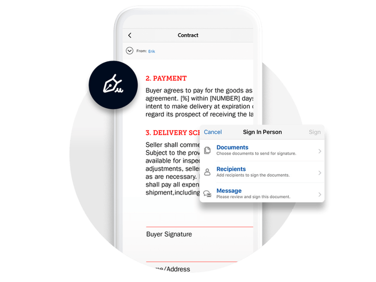 a contract opened in an electronic signature app on a smartphone, showing the Buyer Signature field