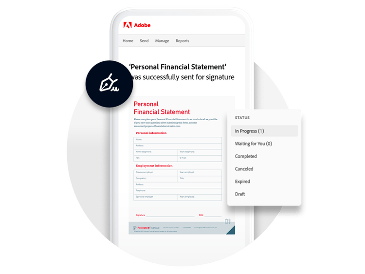 a smartphone screen showing personal financial statement document that was successfully sent for signature