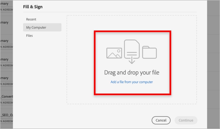 Fill & sign tool displaying how to drag and drop Microsoft Word files to add signatures.