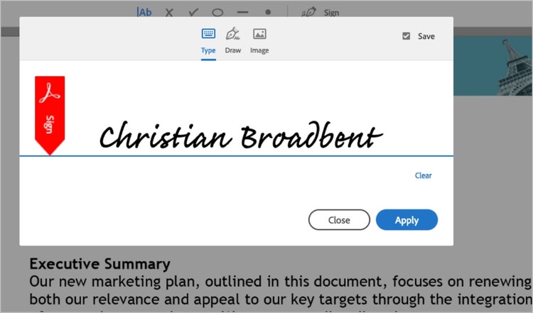 Acrobat Sign tool displaying the name Christian Broadbent in digital cursive script.