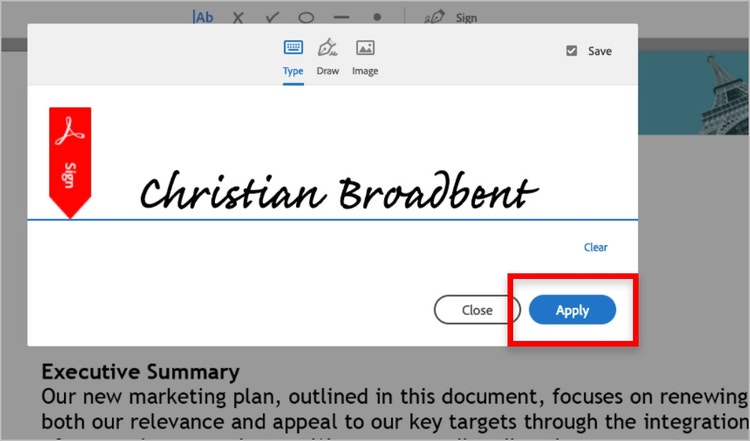 Acrobat Sign tool with "Christian Broadbent" in cursive with a red outline around the apply button.