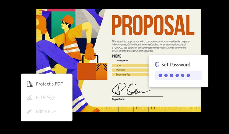 A graphic showing a business proposal being encrypted with PDF password protection.