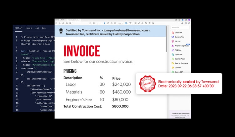 An invoice is shown illustrating document automation features available in Acrobat’s Enterprise solution, improving business processes.