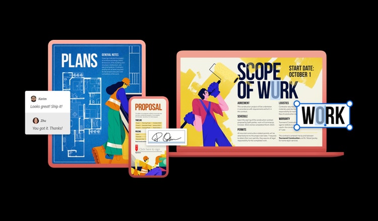 A graphic showing various projects being worked on across multiple devices all using Adobe Acrobat’s Enterprise solution.