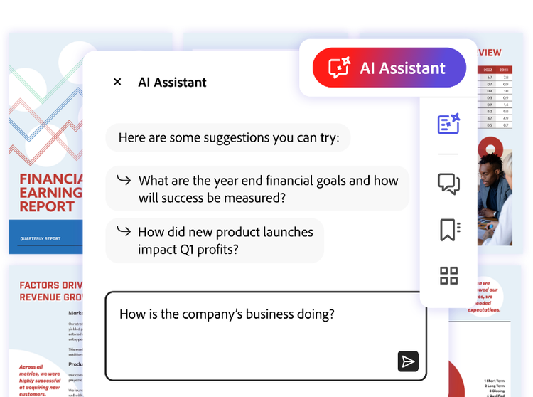 an AI Assistant chat window with suggested questions about a business document