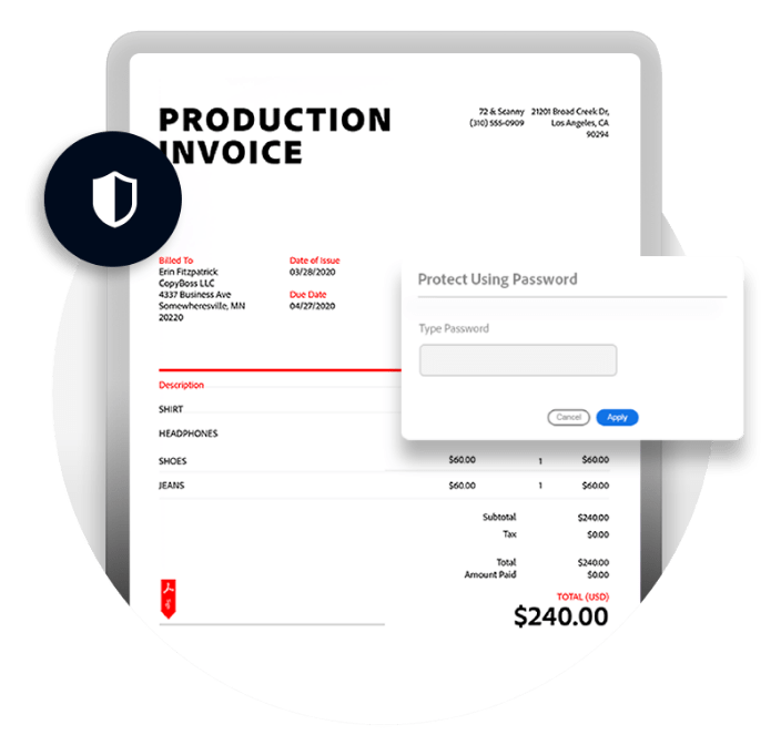 a tablet displaying an invoice with a pop-up window for adding a password to the document