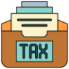 An icon of a bin labeled "tax" with tax forms in it.