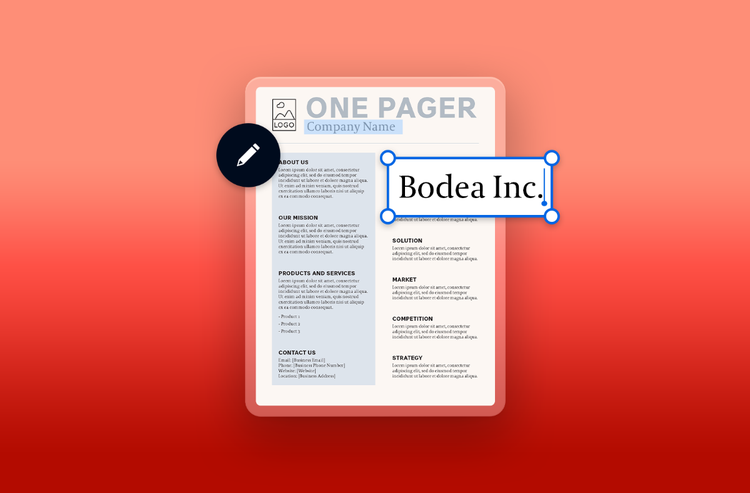 A business one-pager template is shown on a tablet.