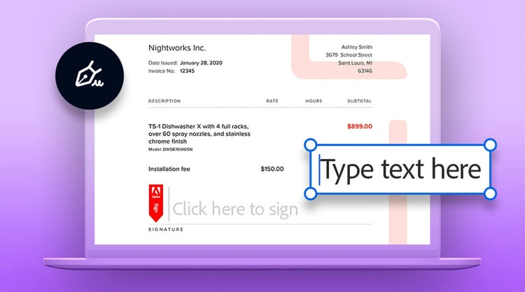 Signing an invoice on a laptop using Adobe Sign