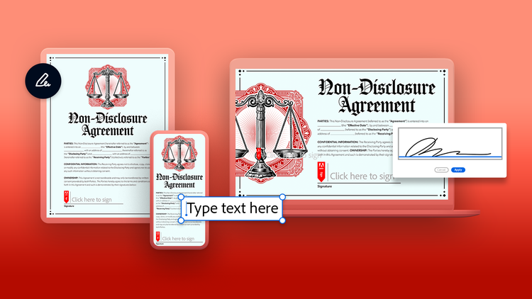 A non-disclosure agreement is shown on a tablet, smartphone, and laptop.