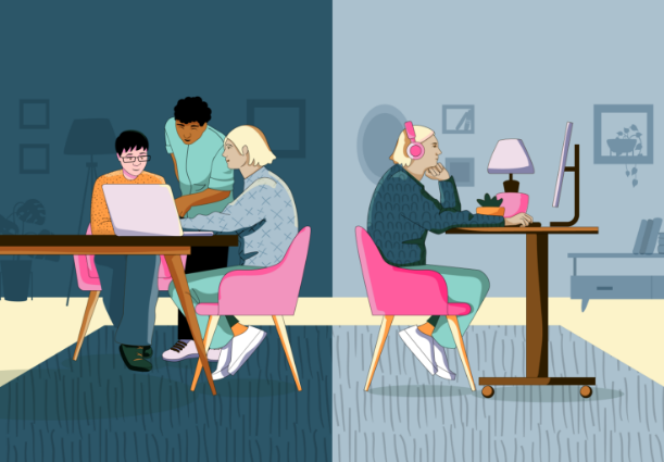 In one illustration, two people sit with a laptop and a person standing over them, while in the other, a person sits alone at a desktop.