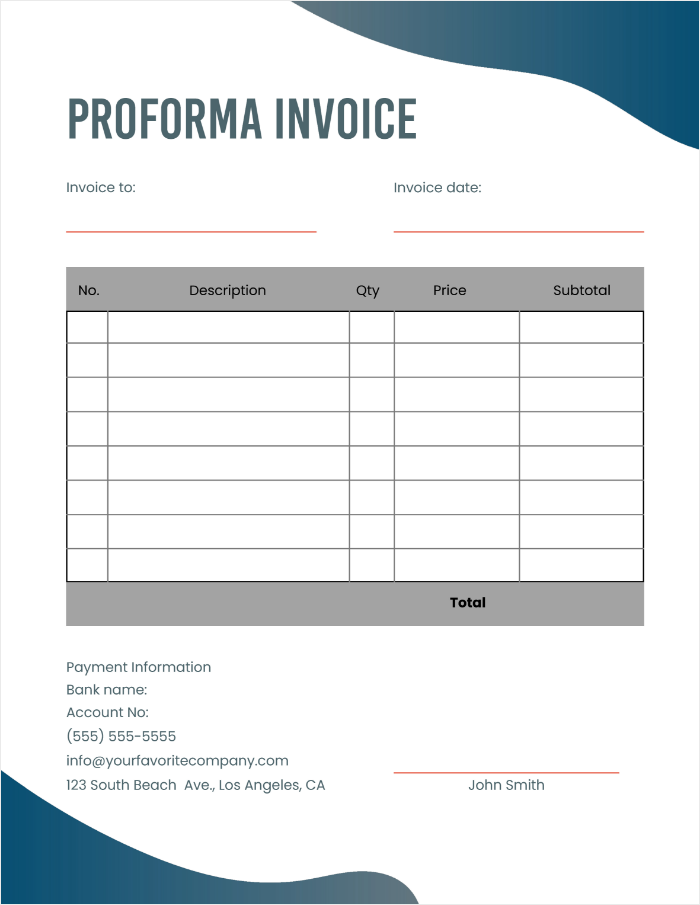 A screenshot of a proforma invoice