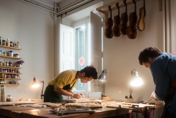 A photo of two business partners in a violin shop.