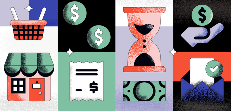 In a collage: A store, an invoice, dollar signs, an hourglass above a dollar, a dollar sign above a hand, and a letter with a checkmark