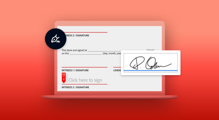 a laptop showing a loan agreement with e-signature fields for lender and witnesses.