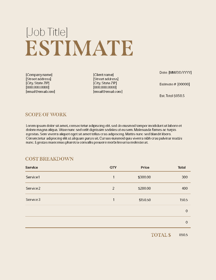 Screenshot of an estimate template.