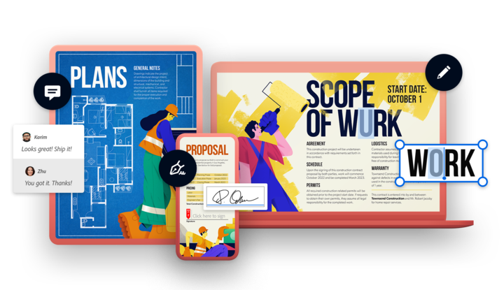 Vivid collaboration tools show blueprints, proposals, and scope of work, streamlining workflow with real-time feedback and signatures.