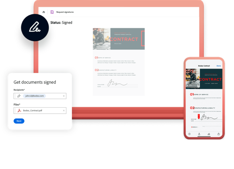 The image showcases a digital interface for requesting signatures, featuring a signed contract and tools for streamlined document management.