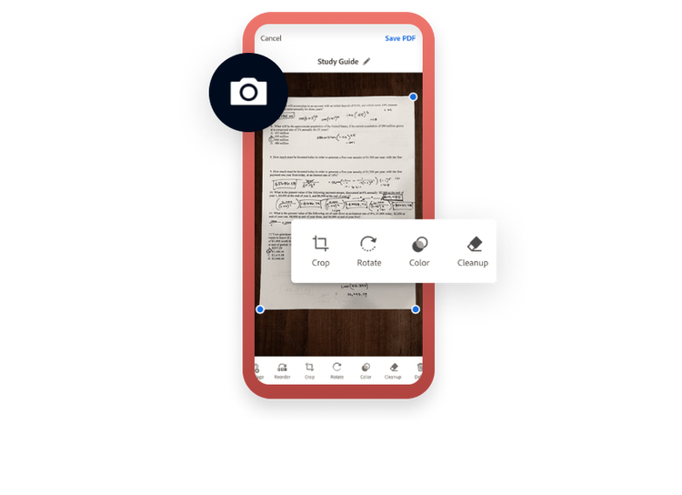 A mobile app screening a study guide, offering tools for cropping, rotating, and cleaning up the document for PDF export.