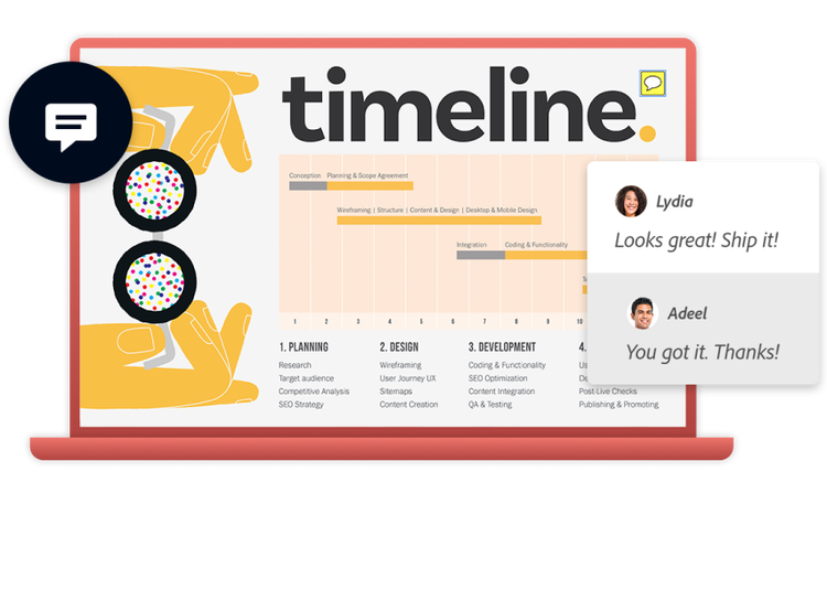 Project timeline on a laptop, with chat bubbles for instant feedback and approval, streamlining collaboration.