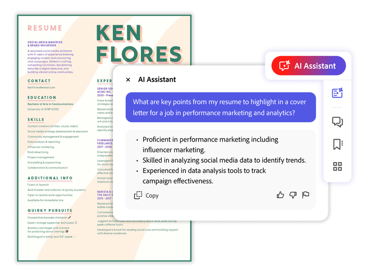 A resume for Ken Flores with a generative summary and AI Assistant pop-ups showing how to use resume ai questions to enhance the document.