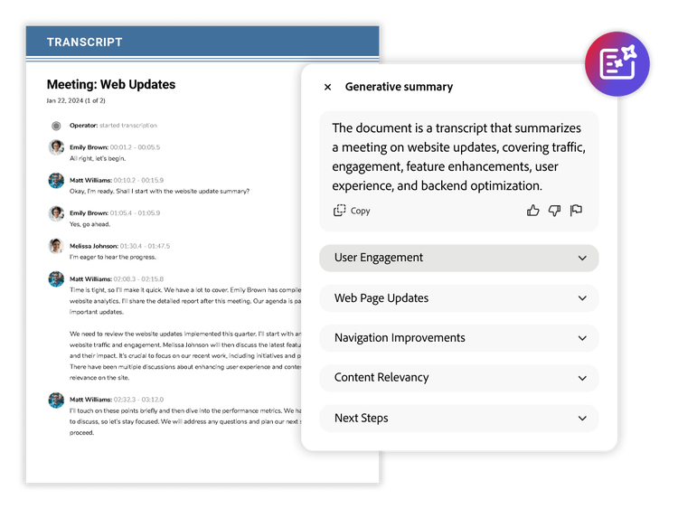 Document showing a meeting transcript with a generative summary pop-up window that shows how an ai summarizer can help with meeting notes.