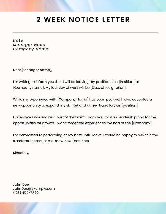 Screenshot of a 2 week notice letter template.