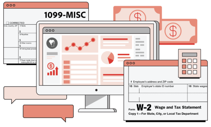 Illustration of a user interface and documentation of income sources for tax purposes.