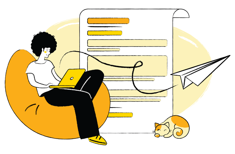 A drawing of a woman sitting on an orange bean bag near a cat using her laptop to send a cover letter.