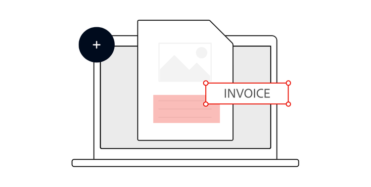 A laptop displays a PDF being created with template words in a textbox.