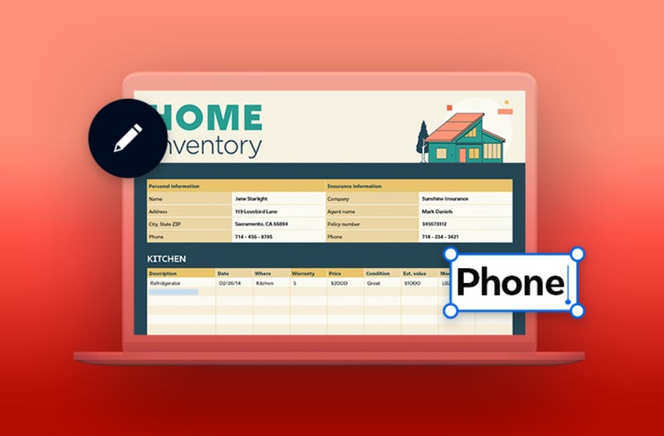 A screenshot of a home inventory template.