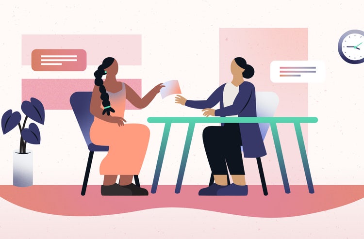 An illustration shows two women sitting across from each other. One hands over a 2 weeks' notice letter.