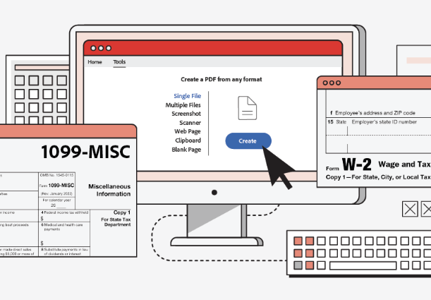 A simple line illustration of multiple interfaces, devices, and documents needed when organizing tax information.