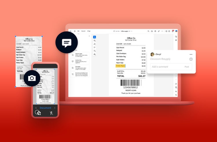 A simple line illustration of multiple interfaces, devices, and documents needed when organizing tax information