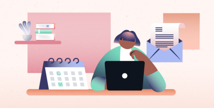 An illustration shows a woman sitting at a desk creating a 2 week notice letter on her laptop.
