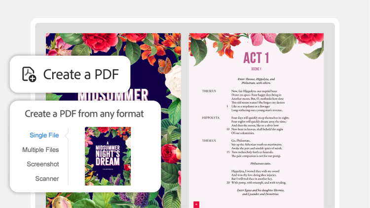 Create a PDF screen with options to create from single or multiple files on Acrobat, showing a floral-themed PDF of A Midsummer Night's Dream.