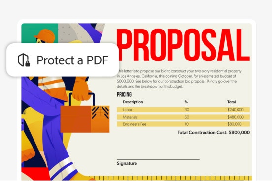 Image of a proposal document highlighting a ‘Protect a PDF’ Acrobat feature icon overlay.