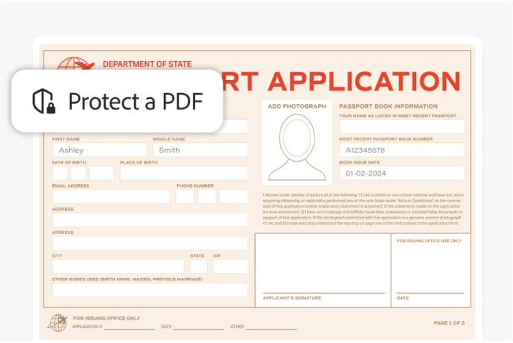 Image of an application document highlighting the 'Protect a PDF' Acrobat feature icon overlay.