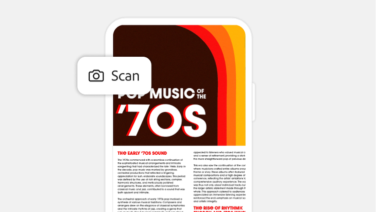 Pop music of the '70s PDF displayed on a phone screen, highlighting the Adobe Scan prompt for mobile app.