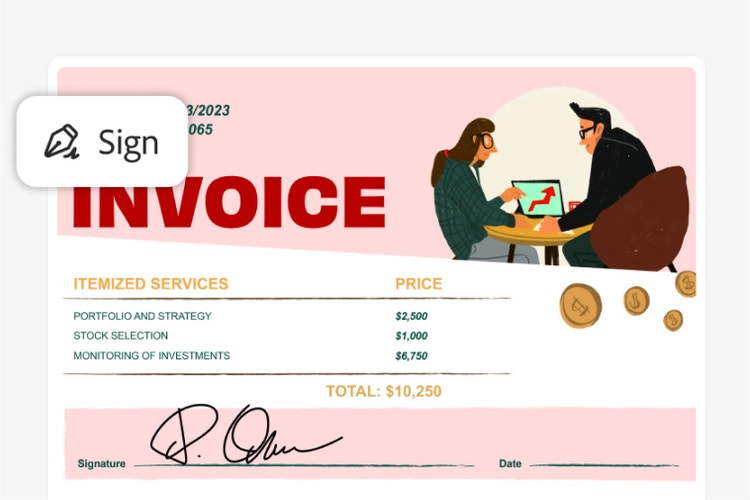 Image of a invoice document featuring a signature and highlighting the 'Sign' Acrobat feature icon overlay.