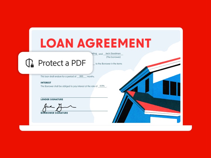 Image of a loan agreement document on a red background, showcasing the "Protect a PDF" Acrobat feature icon overlay.