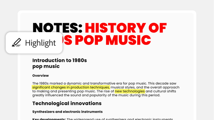 Notes: History of 1980s Pop Music PDF on a white background, with a Highlight prompt on Acrobat and section on production techniques.