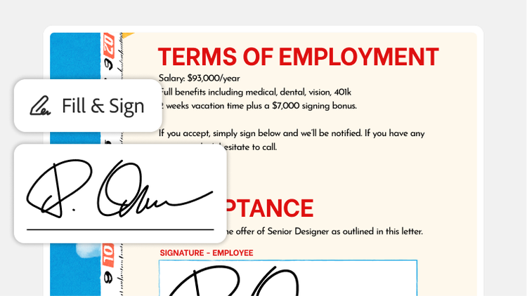 A Terms of Employment document on a phone screen, with an Acrobat Fill & Sign prompt. The document includes salary, benefits, and signature fields.