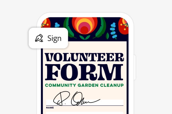 Image of a volunteer form highlighting a ‘Sign’ Acrobat feature icon overlay in the corner.