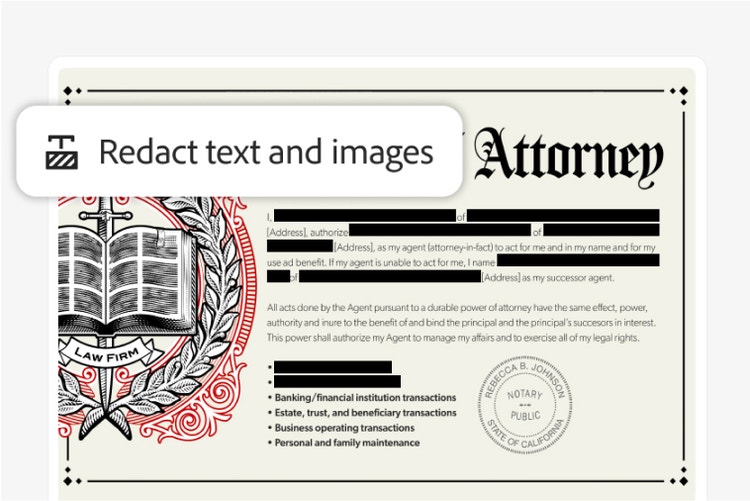 Image of a power of attorney document with a 'Redact text and images' Acrobat feature icon overlay.