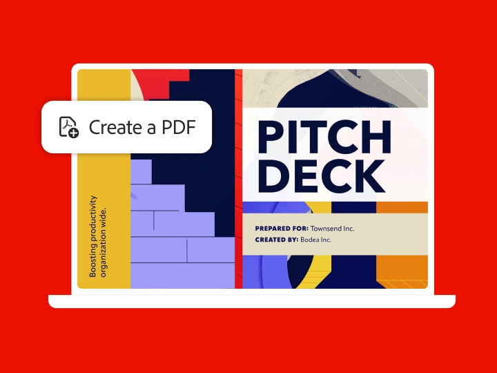 Illustration of a laptop screen displaying a colorful pitch deck with text ‘Pitch Deck’ prepared for Townsend Inc. by Bodea Inc. ‘Create a PDF’ icon is shown.