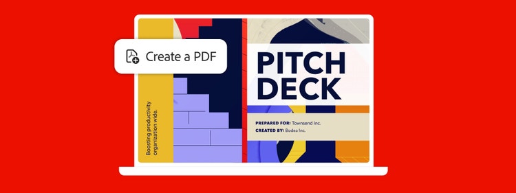 Illustration of a laptop screen displaying a colorful pitch deck with text ‘Pitch Deck’ prepared for Townsend Inc. by Bodea Inc. ‘Create a PDF’ icon is shown.